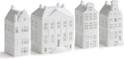 Waxinelichthouder - Set Van 4 - Grachtenpand - Theelichthouder - Nieuwe Woning - House Warming Cadeau - Hollandse Cadeautjes - Kersthuisjes